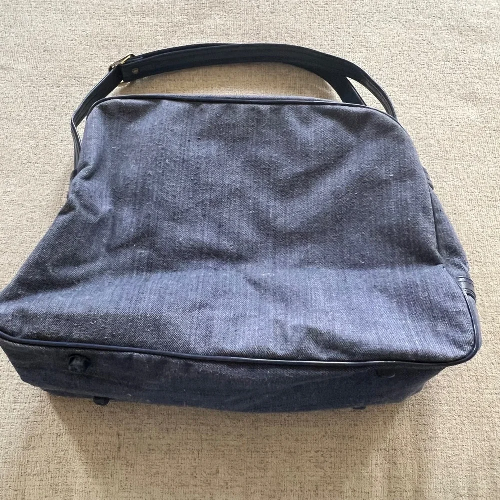 Vintage Denim Duffle Bag Blue with Yellow Red Navy Racing Stripes Travel Tote